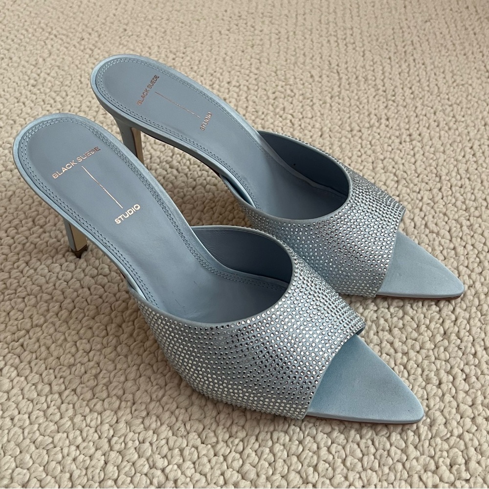 Black Suede Studio Blue Satin Rhinestone Belle Mules
